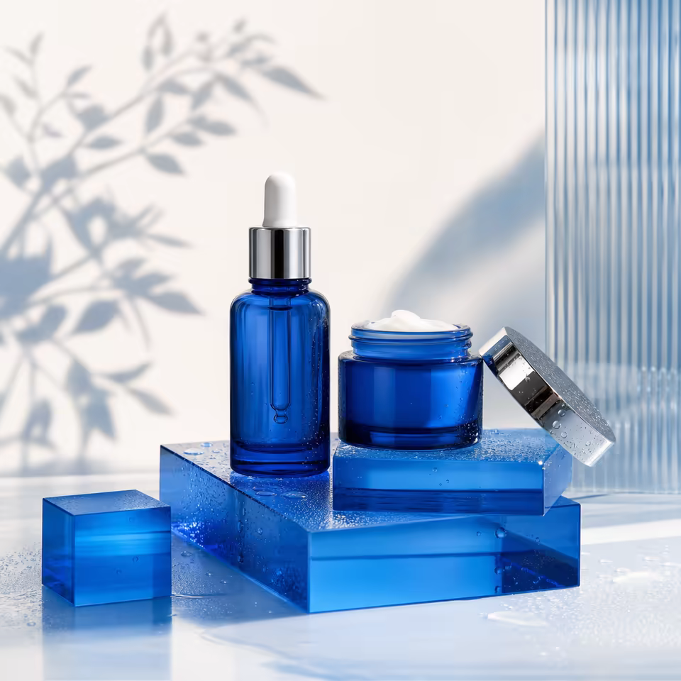 AI-generated cobalt skincare product campaign